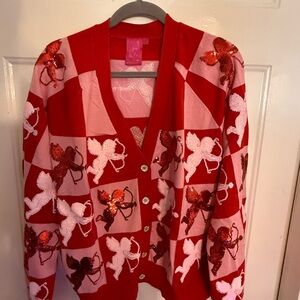Chic Red and Pink Cardigan with Cupid design. Queen of Sparkles!